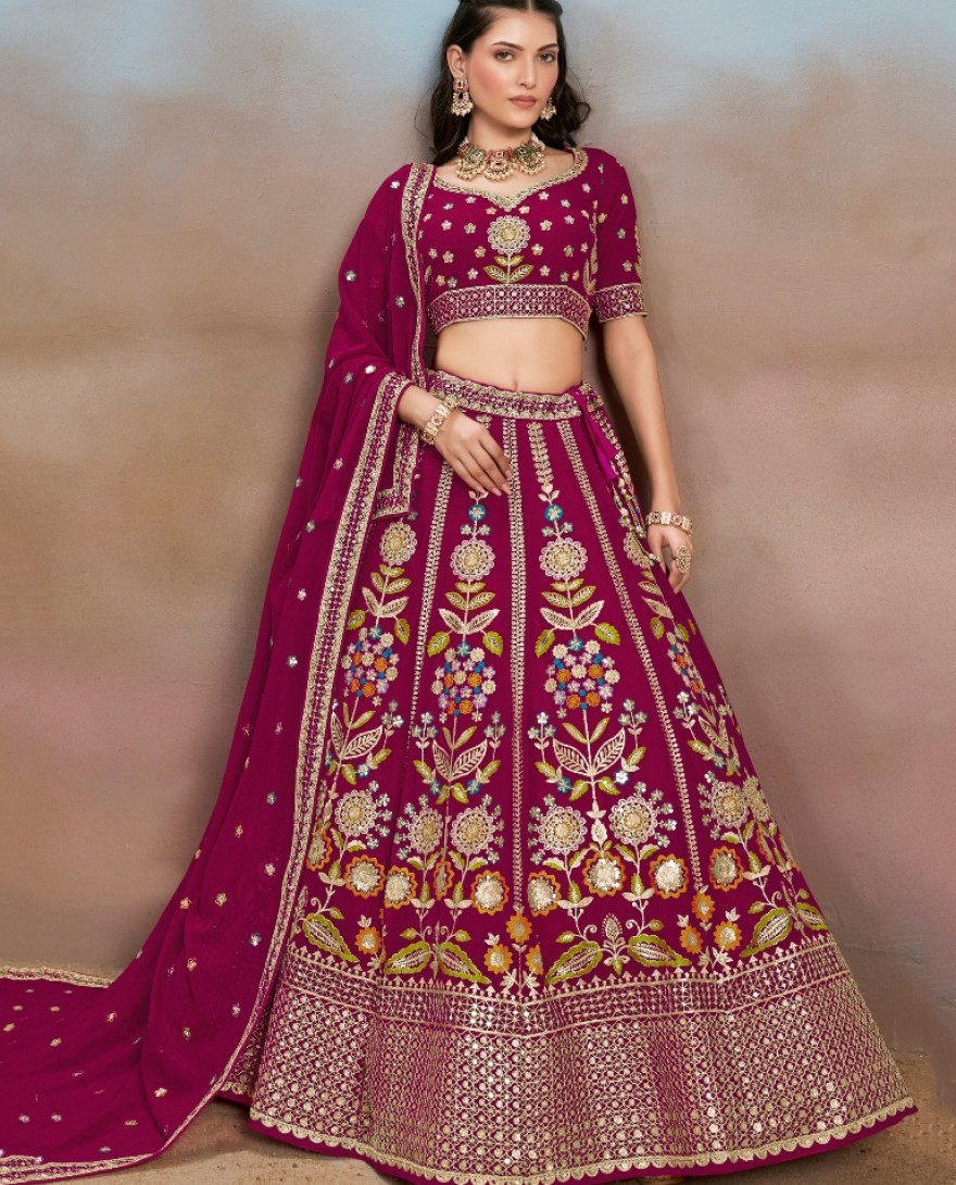 6008-PINK - Stunning Pink Thread Work Georgette Engagement Wear Lehenga With Blouse